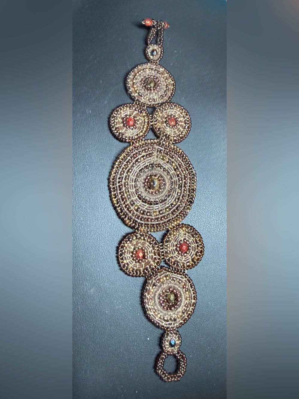 Artisan Brown & Gold Beaded Crochet Bracelet with Red Accent